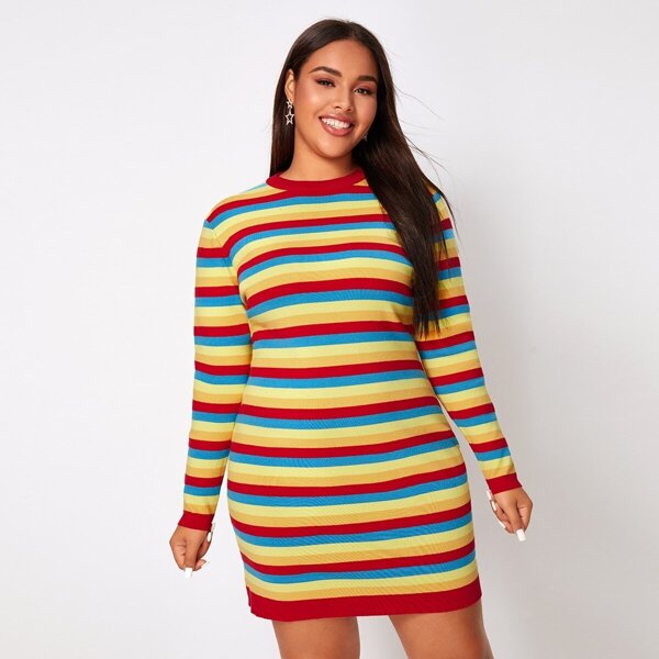 

Plus Colorful Striped Round Neck Sweater Dress, Multicolor