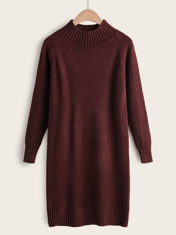 

Solid Soft Brushed Knit High Neck Sweater Dress, Burgundy