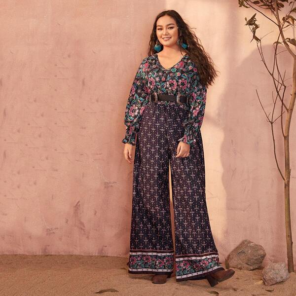 

Plus Tribal Print Shirred Sleeve Wide Leg Jumpsuit, Multicolor