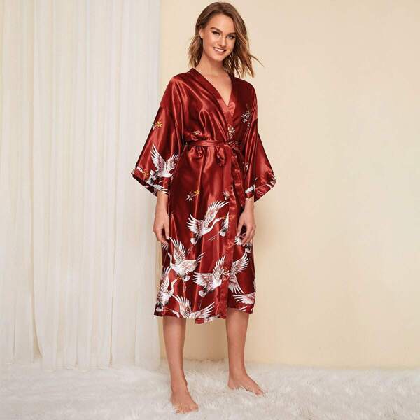 

Crane Print Satin Belted Robe