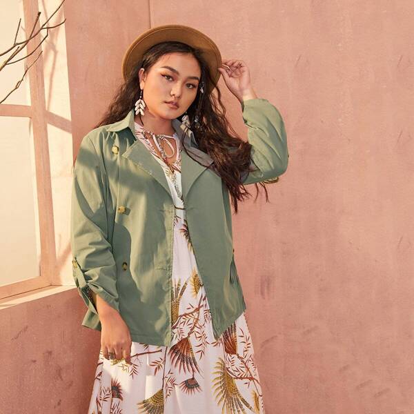 

Plus Double Breasted Drawstring Waist Trench Coat, Army green