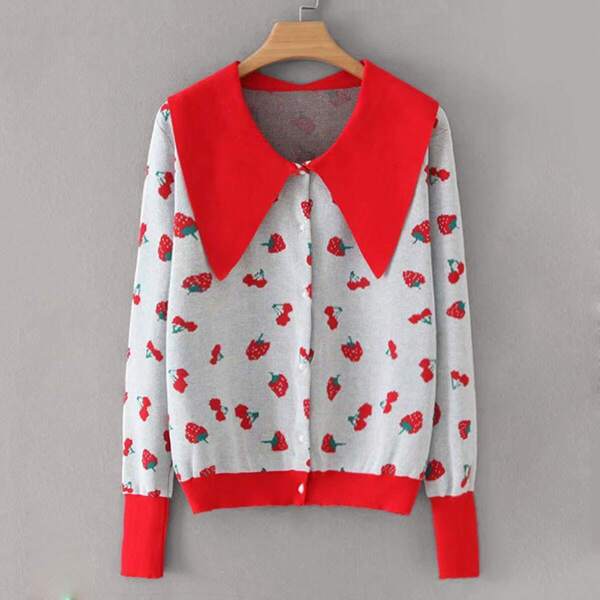 

Cherry Print Single Breasted Cardigan
