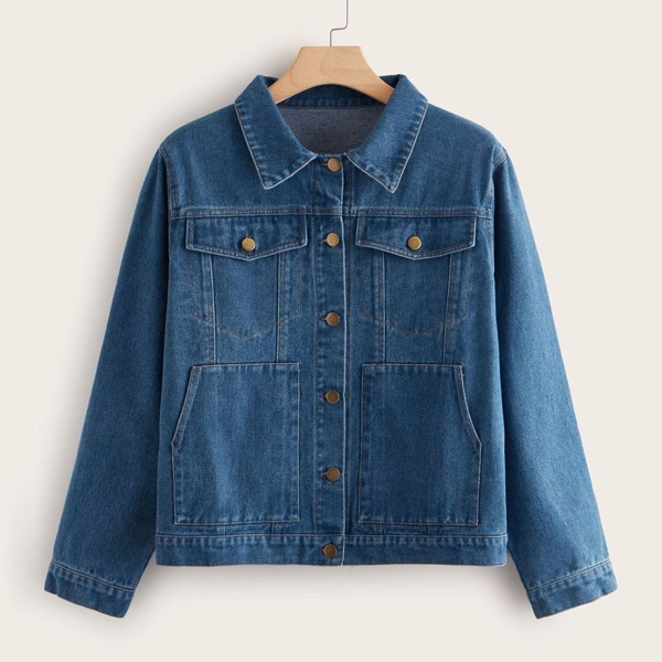 

Plus Single Breasted Pocket Front Denim Jacket, Blue