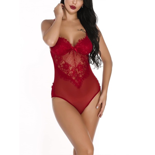 

Eyelash Lace Sheer Teddy Bodysuit, Red