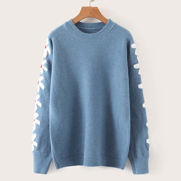 

Floral Embroidered Drop Shoulder Sweater, Blue