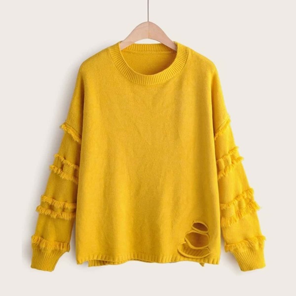 

Frayed Trim Ripped Drop Shoulder Sweater
