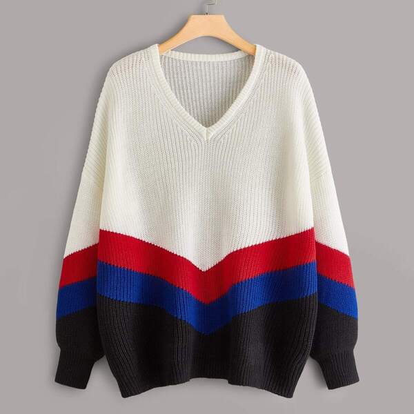 

Plus Colorblock Chevron Print Mohair Sweater, Multicolor