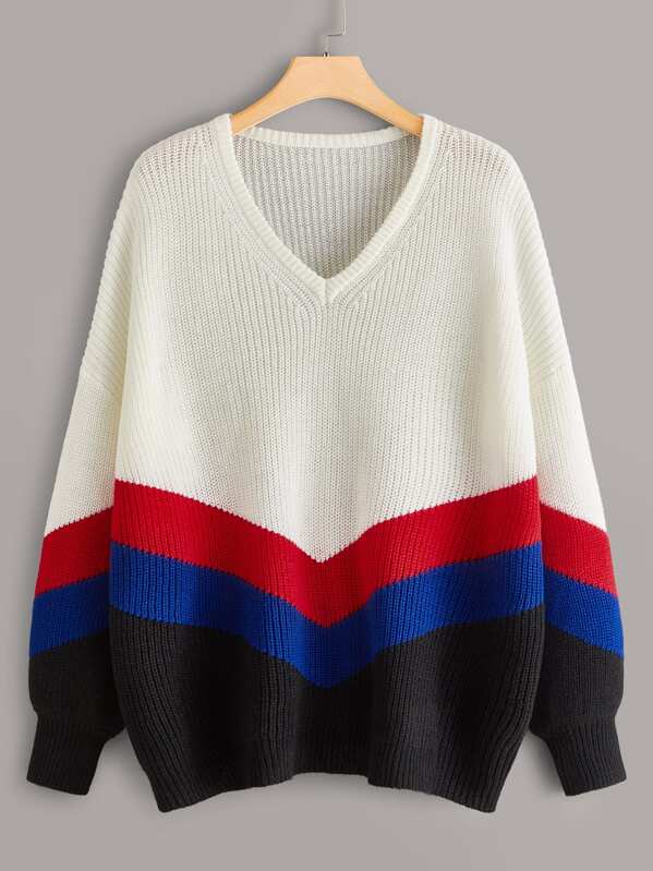 

Plus Colorblock Chevron Print Mohair Sweater, Multicolor
