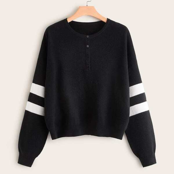 

Plus Striped Sleeve Half Placket Sweater