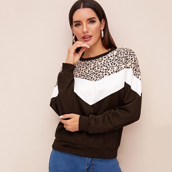 

Leopard Print Colorblock Drop Shoulder Sweatshirt, Brown