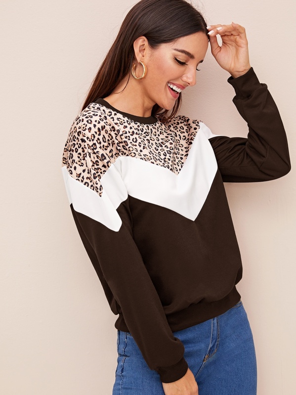 

Leopard Print Colorblock Drop Shoulder Sweatshirt, Brown, Juliana