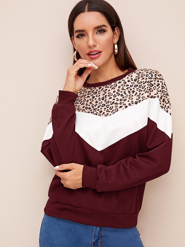 

Leopard Print Colorblock Drop Shoulder Sweatshirt, Burgundy, Juliana