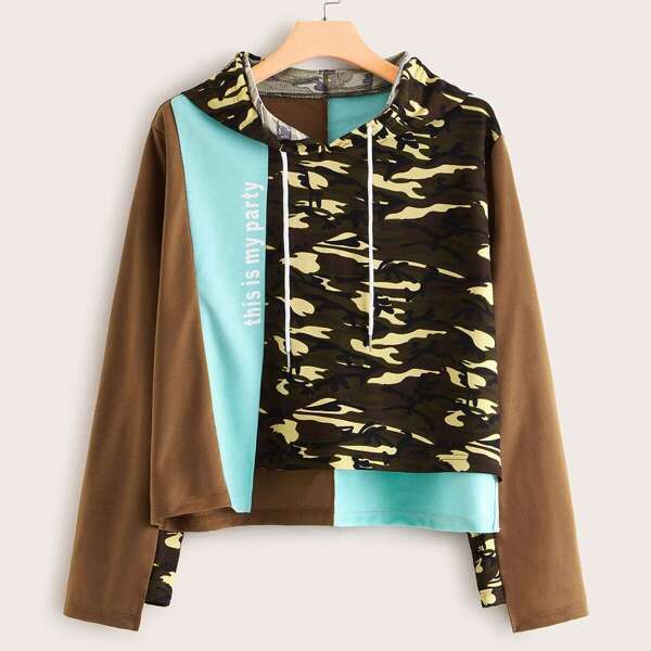 

Plus Camo Print Colorblock Drawstring Hoodie