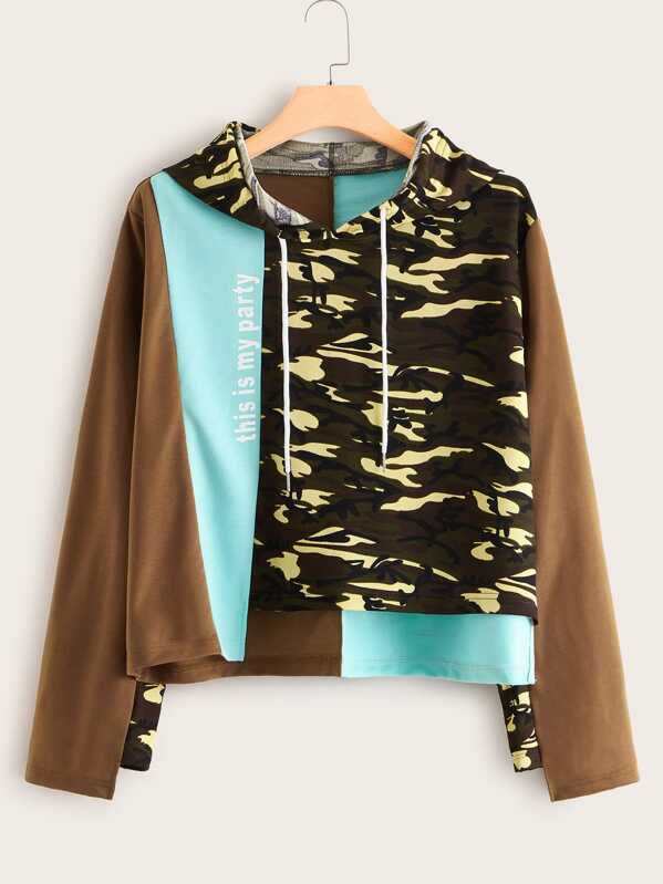 

Plus Camo Print Colorblock Drawstring Hoodie, Multicolor