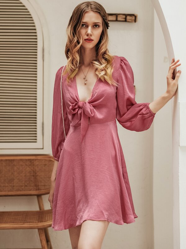 

Simplee Plunge Neck Tie Front Satin Dress, Pink