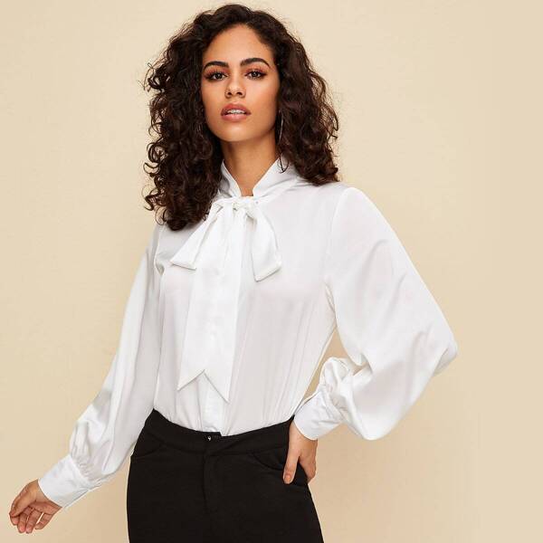 

Tie Neck Curved Hem Satin Blouse