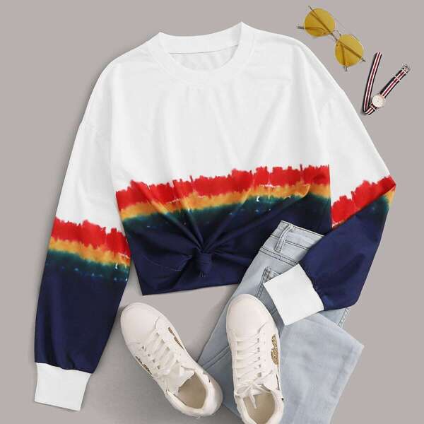 

Tie Dye Print Colorblock Sweatshirt, Multicolor
