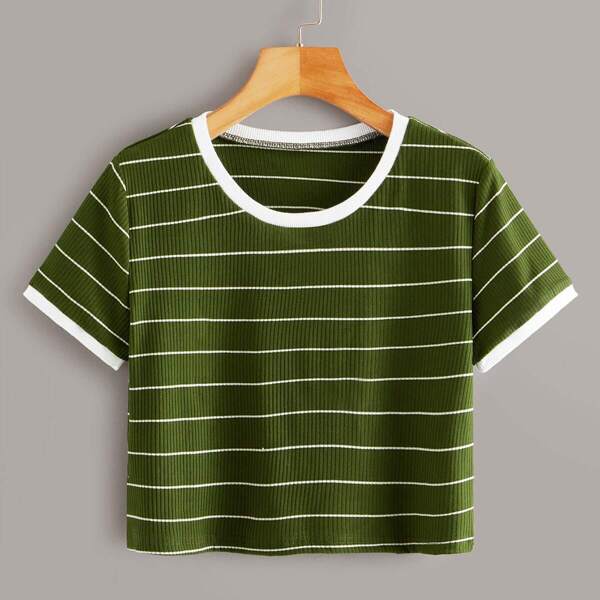 

Contrast Binding Striped Ribbed Tee