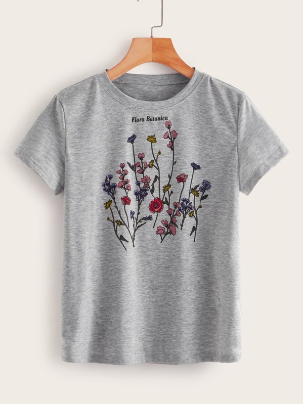 

Floral And Letter Print Round Neck Tee, Grey