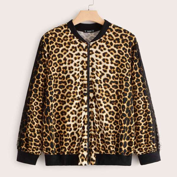 

Plus Leopard Print Lace Trim Bomber Jacket