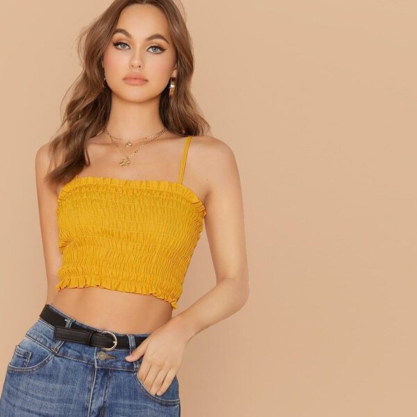 

Frill Trim Shirred Crop Cami Top, Yellow