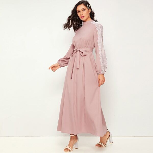

Eyelash Lace Applique Lantern Sleeve Belted Dress, Pink pastel