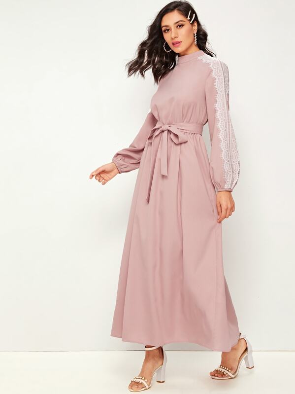 

Eyelash Lace Applique Lantern Sleeve Belted Dress, Pink, Jessica B