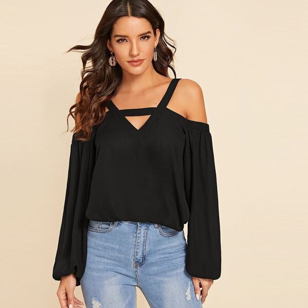 

V-cut Front Cold Shoulder Lantern Sleeve Top, Black