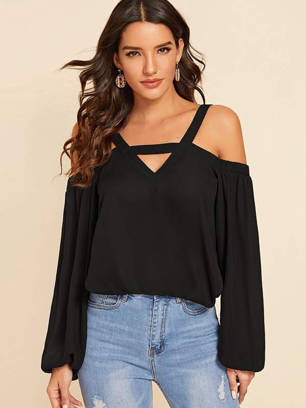 

V-cut Front Cold Shoulder Lantern Sleeve Top, Black, Juliana