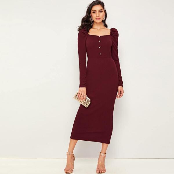 

Button Front Leg-of-mutton Sleeve Split Back Pencil Dress, Burgundy