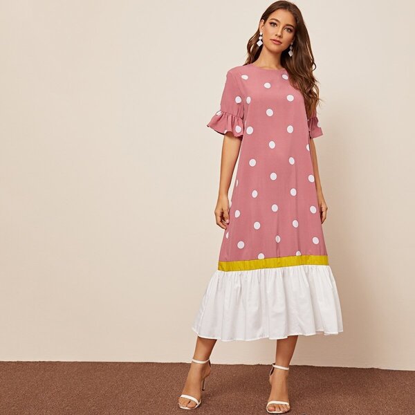 

Polka Dot Ruffle Cuff and Hem Colorblock Dress