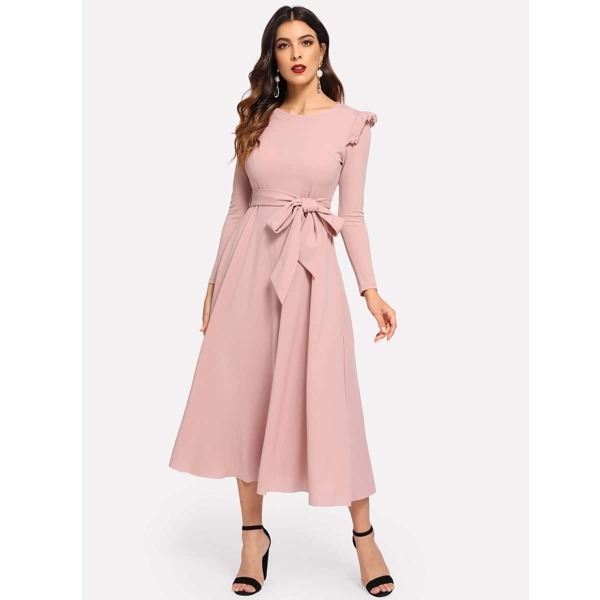 

Ruffle Trim Self Belted Solid Dress, Pink pastel
