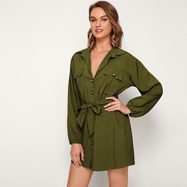 

Dual Pocket Button Through Belted Shirt Dress, Army green