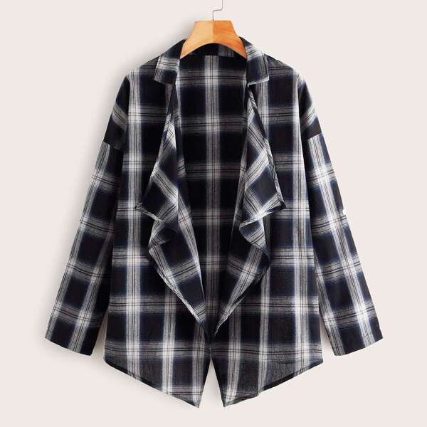 

Plaid High Low Hem Open Front Coat, Black and white