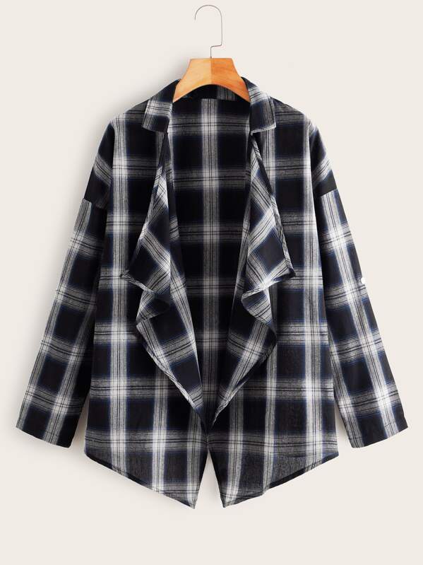 

Plaid High Low Hem Open Front Coat, Black and white