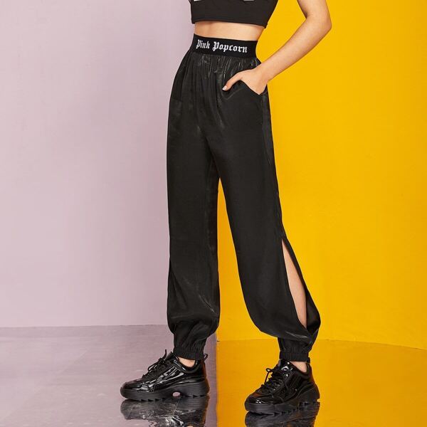 

Letter Wide Band Waist Split Side Sweatpants