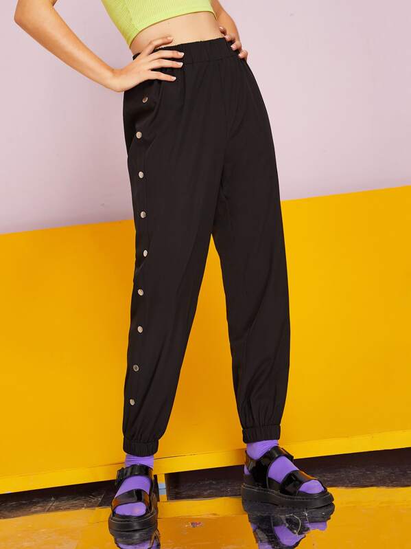 

Solid Side Button Elastic Waist Sweatpants, Black, Tasha