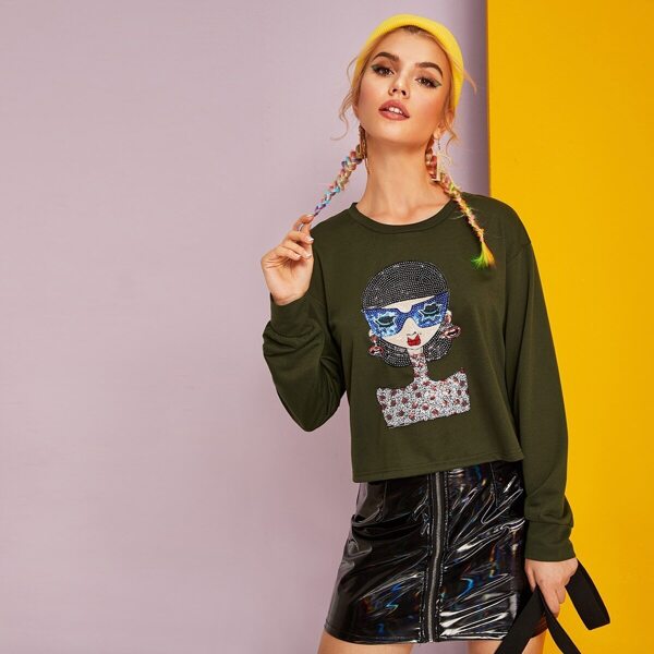 

Contrast Sequin Figure Round Neck Sweatshirt, Army green