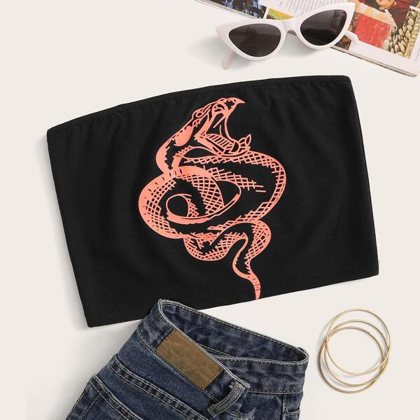 

Snake Print Crop Tube Top, Black