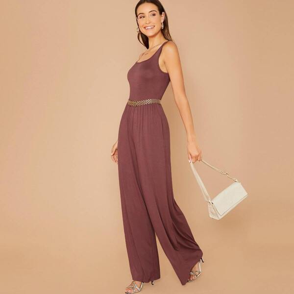 

Jersey Knit Wide Leg Sleeveless Jumpsuit, Red