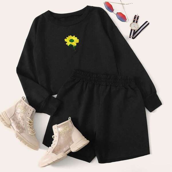 

Sunflower Embroidery Sweatshirt With Shirred Waist Shorts, Black