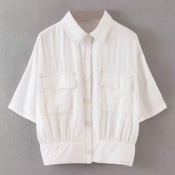 

Pocket Side Contrast Stitching Utility Blouse