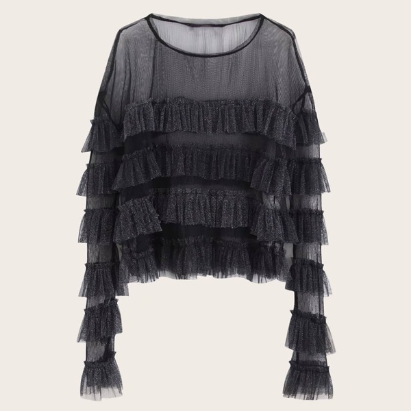 

Layered Frill Trim Glitter Sheer Blouse
