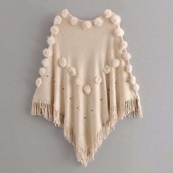 

Fringe Trim Pearl Beaded Pom Pom Poncho Sweater