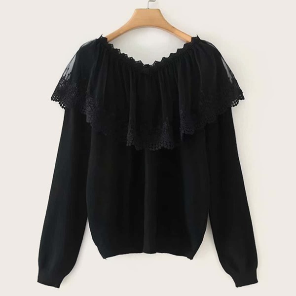 

V-neck Contrast Lace Solid Jumper, Black