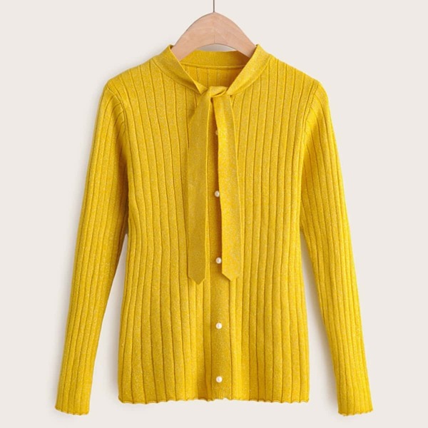 

Tie Neck Pearl Beaded Basic Jumper, Yellow