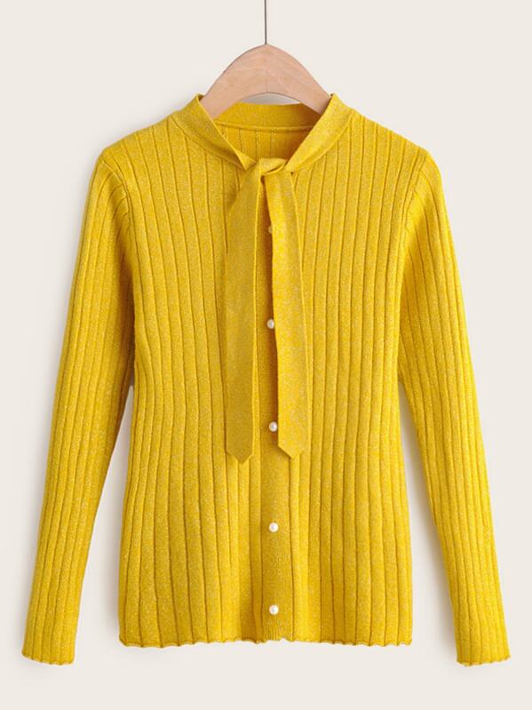 

Tie Neck Pearl Beaded Basic Jumper, Yellow