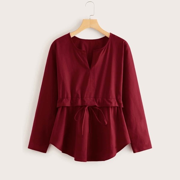 

Notched Neck Drawstring Waist Peplum Blouse