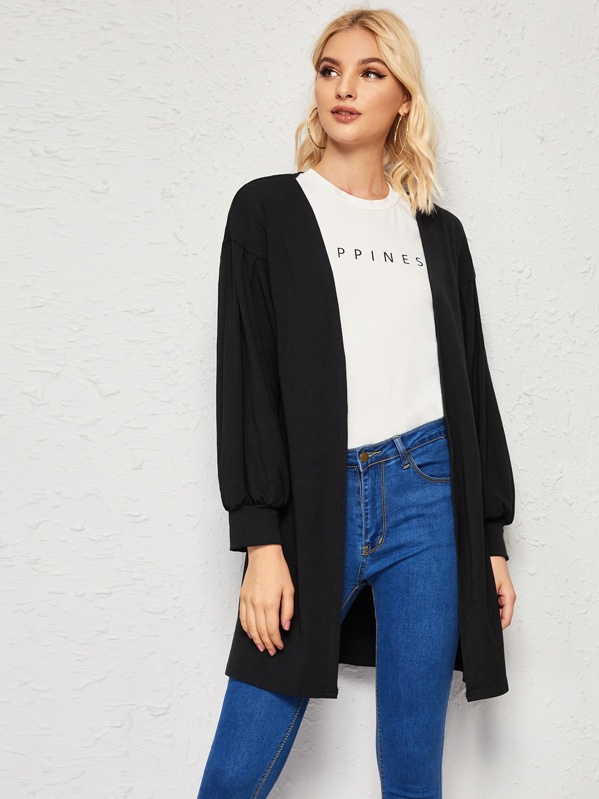 

Drop Shoulder Bishop Sleeve Solid Outerwear, Black, Lef