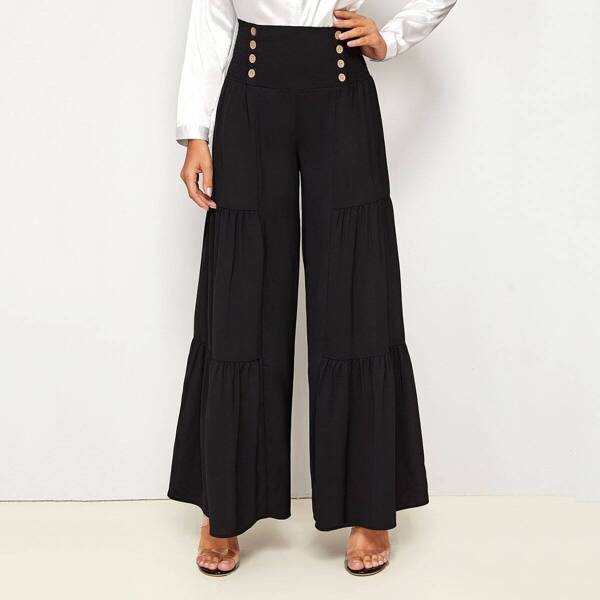 

Shirred Waist Ruffle Hem Wide Leg Pants